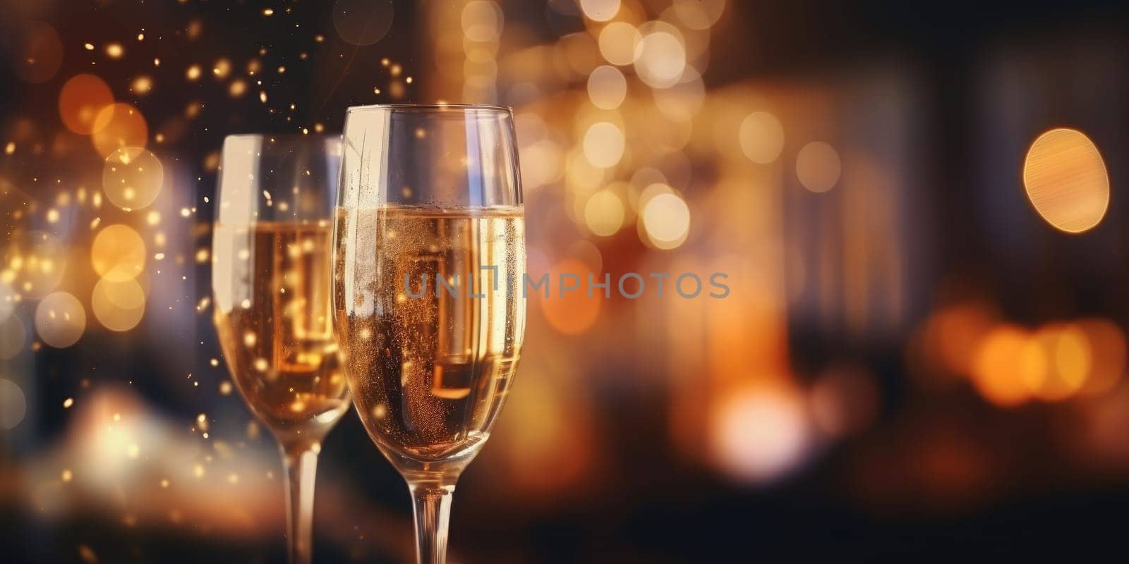 Close up of people toasting with christmas champagne glasses. Generative AI by nateemee