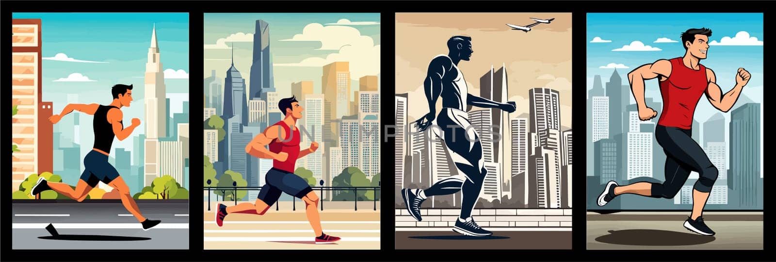 Banner Runners set. Flat concept illustrations athletes running in park, forest, stadium track or street landscape. Healthy activity and lifestyle. Sprint, jogging, warming up.