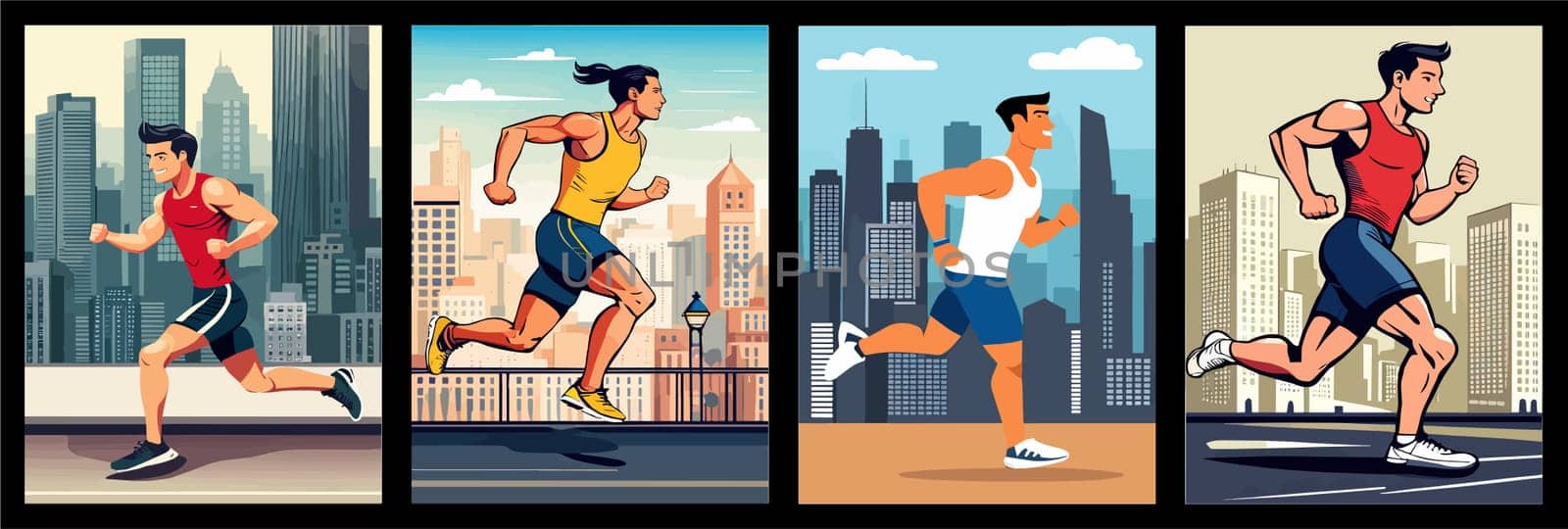 Banner Runners set. Flat concept illustrations athletes running in park, forest, stadium track or street landscape. Healthy activity and lifestyle. Sprint, jogging, warming up.