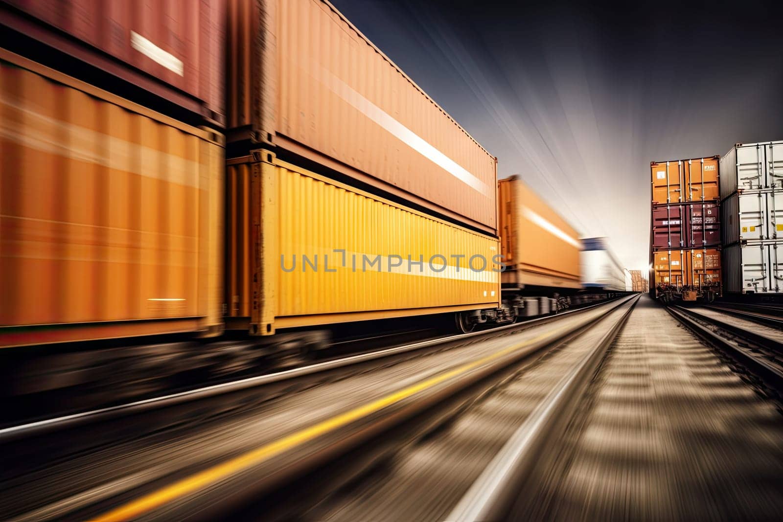 The freight train passes by the station at sunset or sunrise. Wagons with goods delivery. business logistic concept. generative ai by nateemee