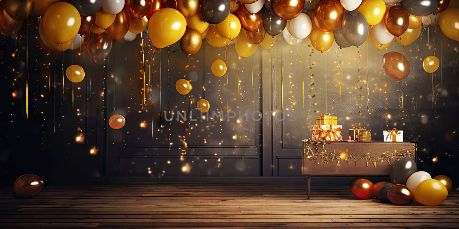 Room filled with festive gold and white balloons, gift boxes, and a joyous party atmosphere. Generative AI by nateemee