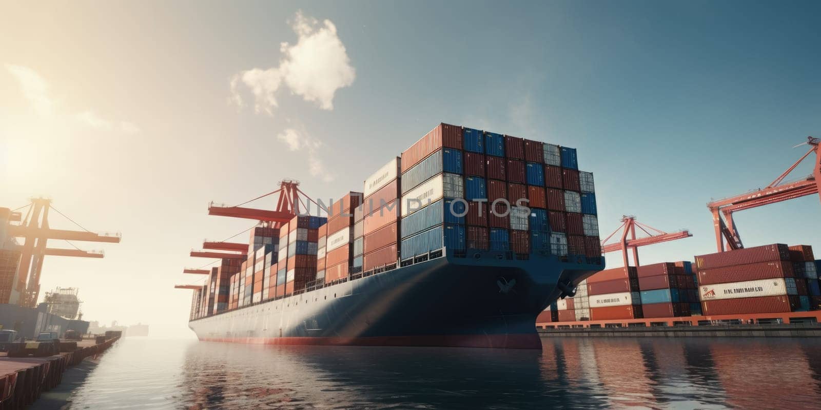 Industrial port with Logistics and transportation of International Container Cargo ship , commercial dock, harbor, cargo container, shipping. Generative ai.