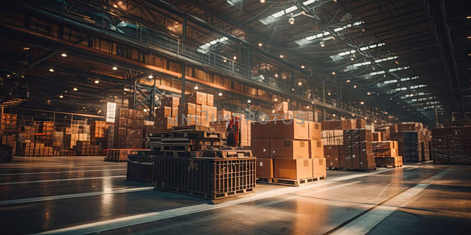 Inventory in motion, Cardboard boxes on hand pallet truck at storehouse Generative AI..