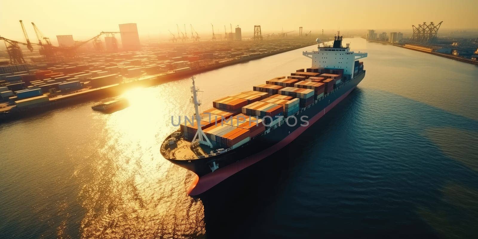 Industrial port with Logistics and transportation of International Container Cargo ship , commercial dock, harbor, cargo container, shipping. Generative ai by nateemee