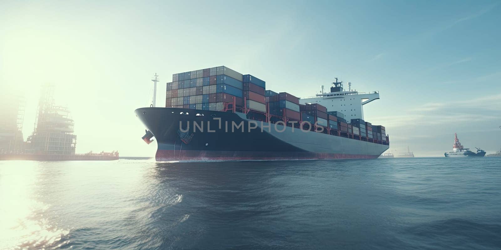 Industrial port with Logistics and transportation of International Container Cargo ship , commercial dock, harbor, cargo container, shipping. Generative ai by nateemee