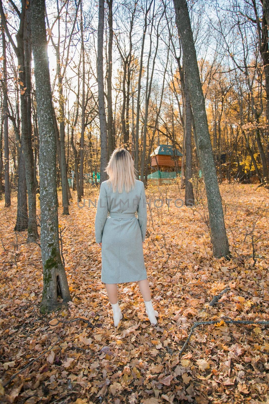 Blonde woman in elegant gray coat walks in the sunny autumn season park. Generation z and gen z youth concept