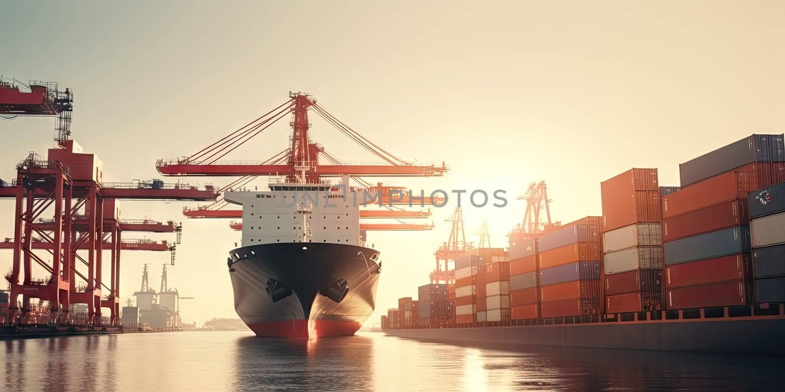 Industrial port with Logistics and transportation of International Container Cargo ship , commercial dock, harbor, cargo container, shipping. Generative ai by nateemee