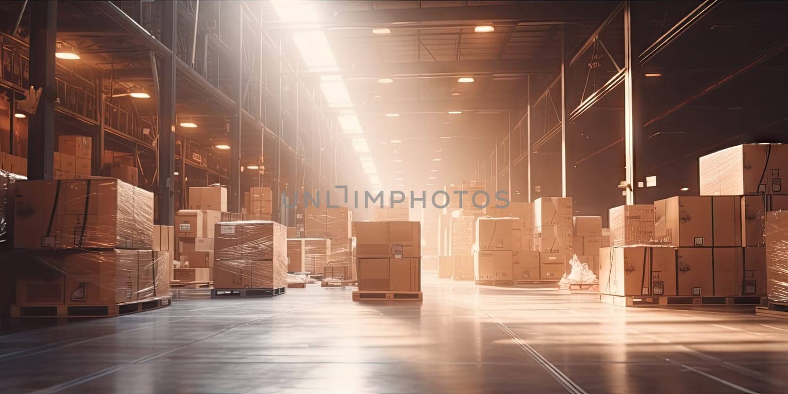 Inventory in motion, Cardboard boxes on hand pallet truck at storehouse Generative AI..