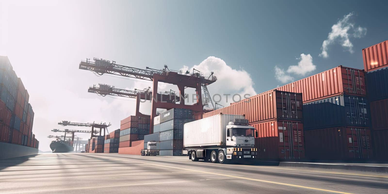 Industrial port with Logistics and transportation of International Container Cargo ship , commercial dock, harbor, cargo container, shipping. Generative ai by nateemee