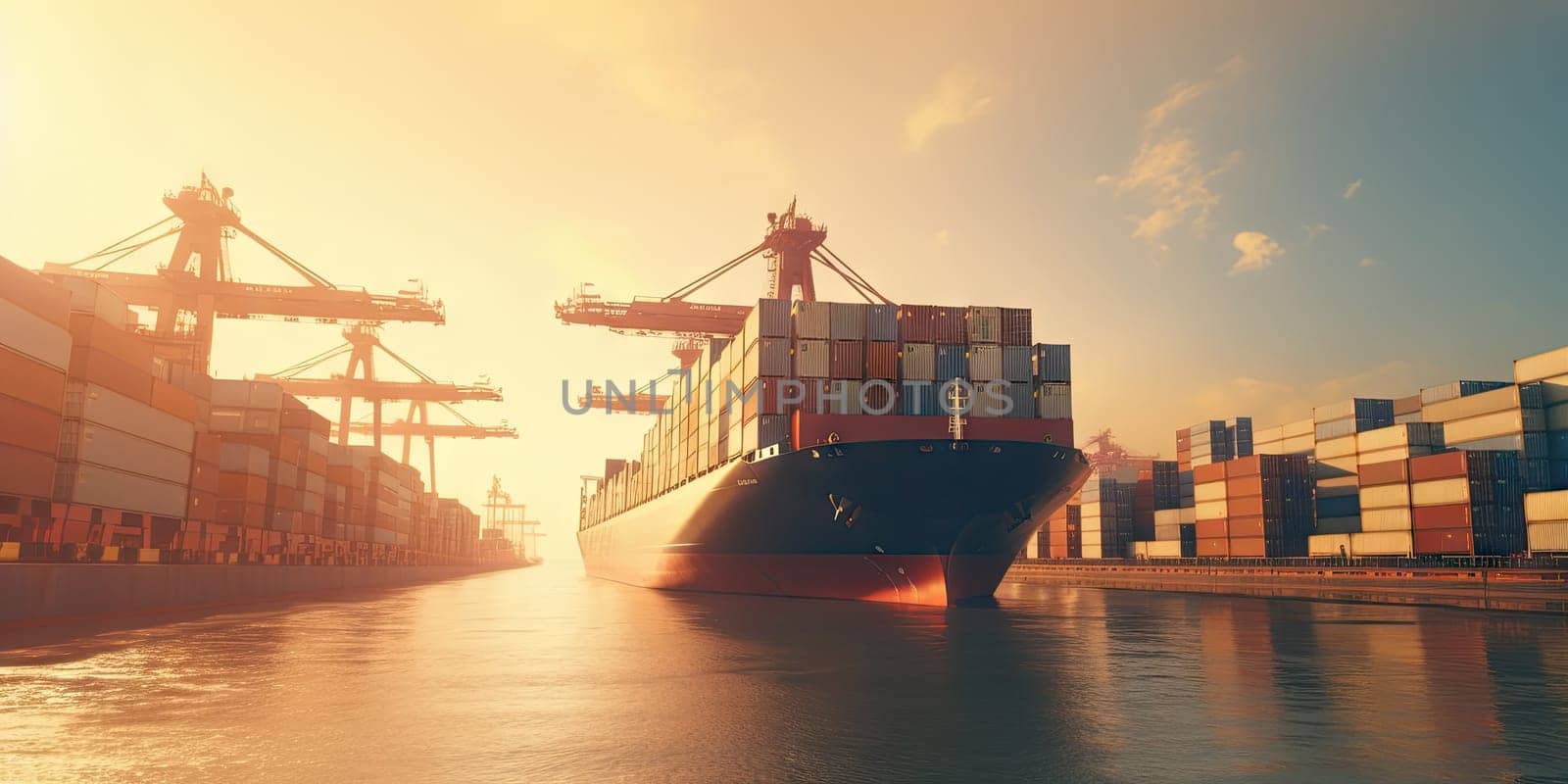 Industrial port with Logistics and transportation of International Container Cargo ship , commercial dock, harbor, cargo container, shipping. Generative ai by nateemee
