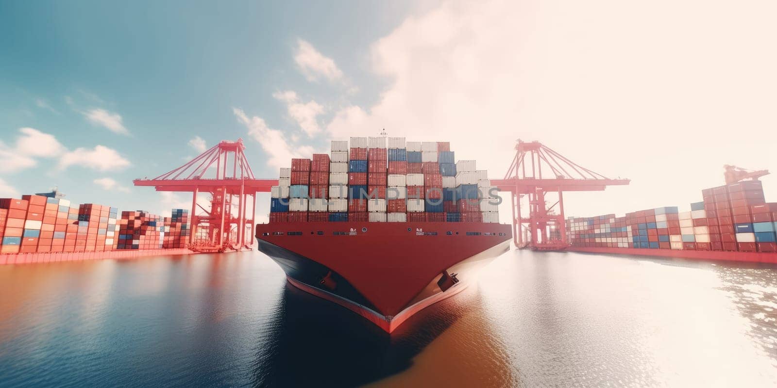 Industrial port with Logistics and transportation of International Container Cargo ship , commercial dock, harbor, cargo container, shipping. Generative ai by nateemee