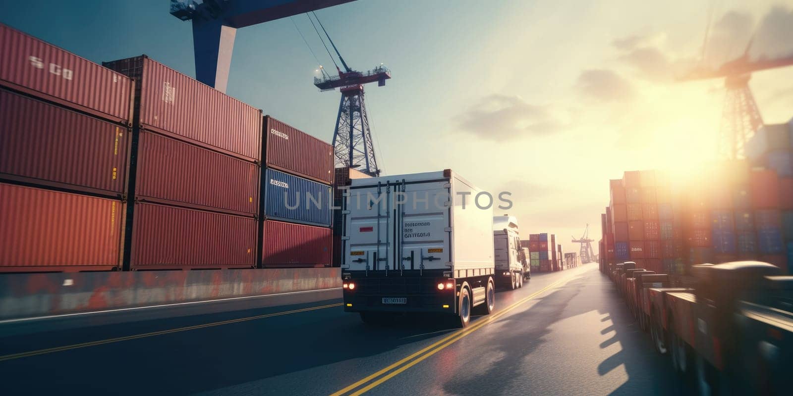 Transportation and logistics. Import, export and transport industry of truck container cargo ship. Generative AI.