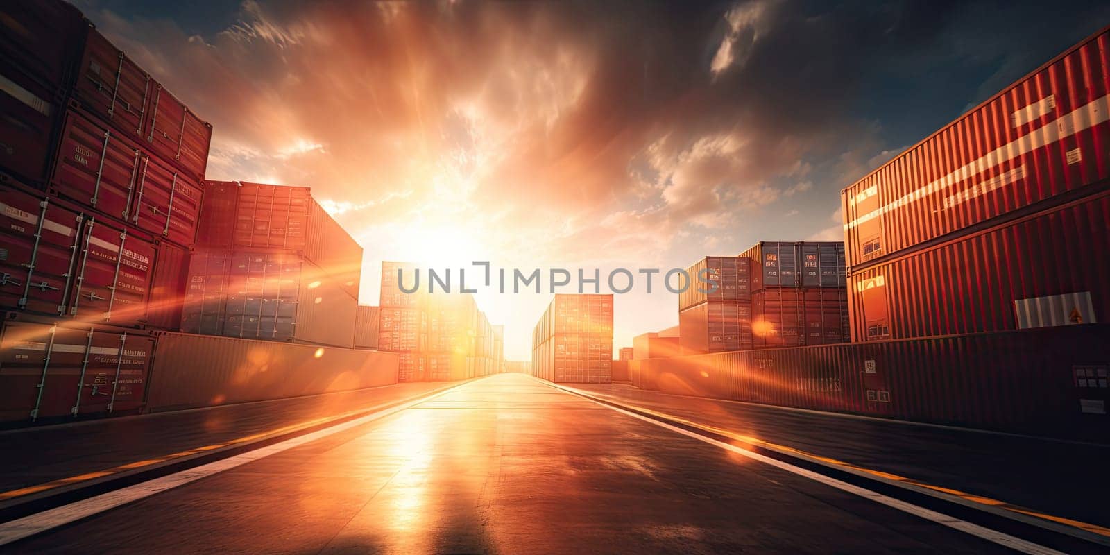 Cargo truck on highway at sun flare carrying shipping. international shipment delivery logistic concept. Generative AI by nateemee