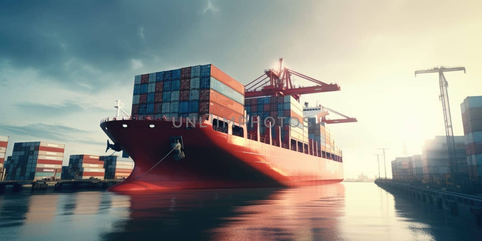 Industrial port with Logistics and transportation of International Container Cargo ship , commercial dock, harbor, cargo container, shipping. Generative ai by nateemee