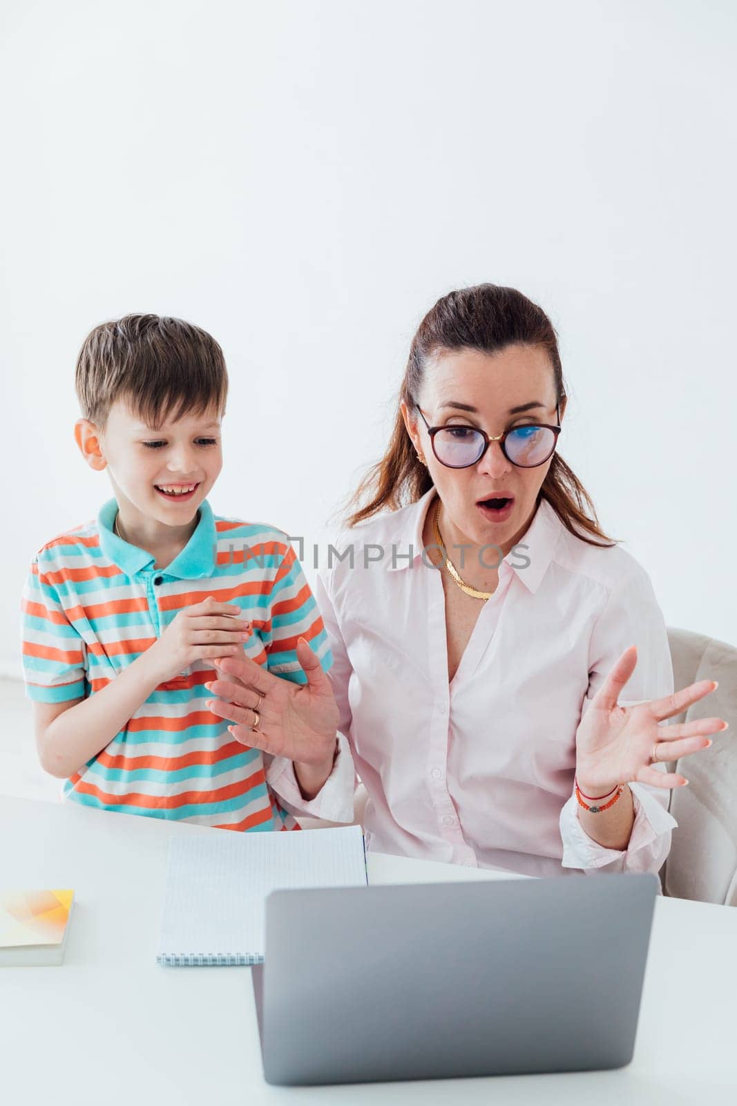 Woman with boy playing laptop