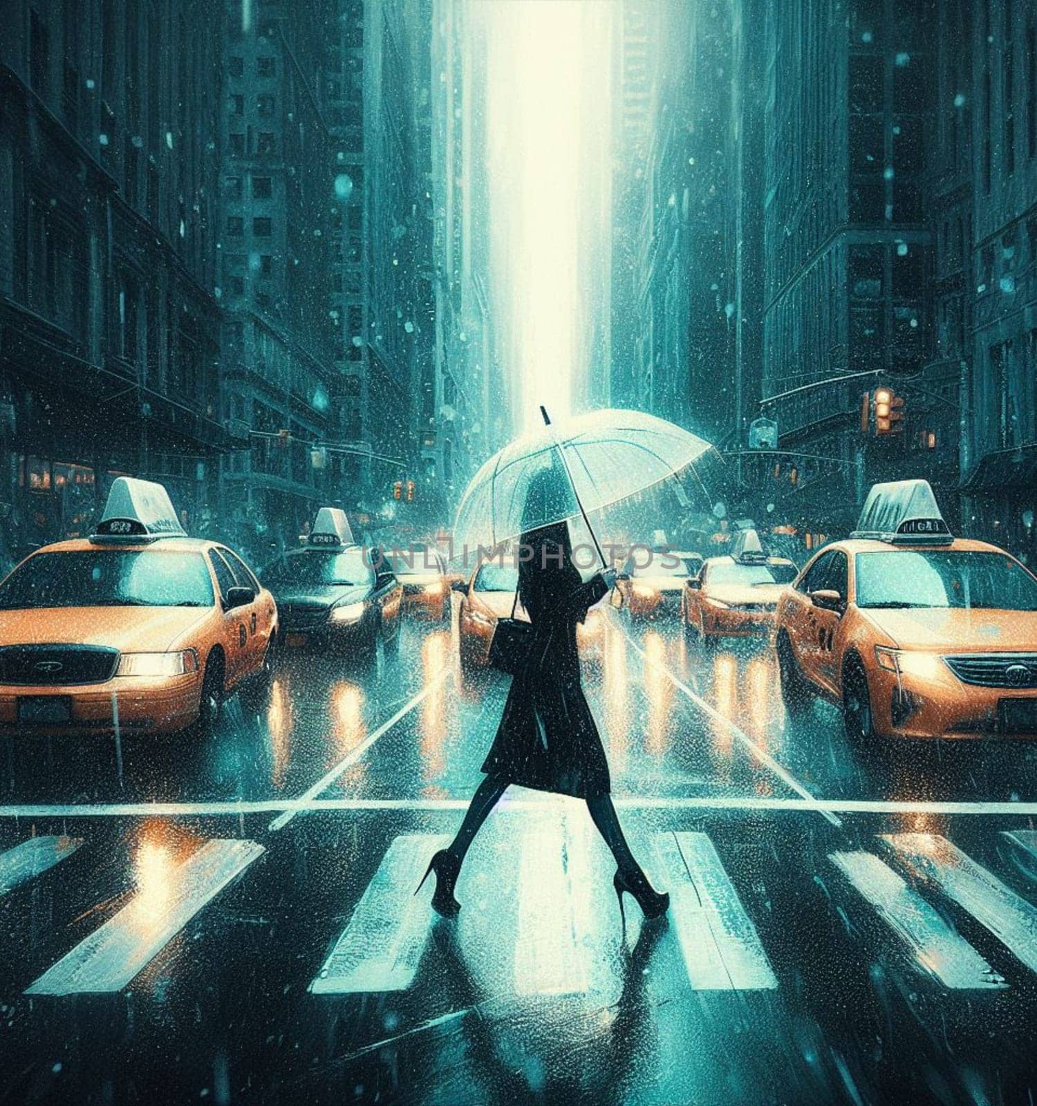 business bossy elegant fit woman using umbrella wearing tailleur , under heavy rain in New York City among taxis and traffic crossing street painting, warm tones, ai generated