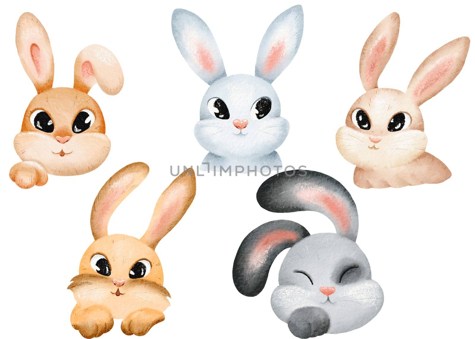 Bunny and rabbit watercolor set. Hand drawn bunnies and rabbits in different color. hare illustration element. Cute characters for easter, Christmas, valentines day, birthday. for postcards, textile.