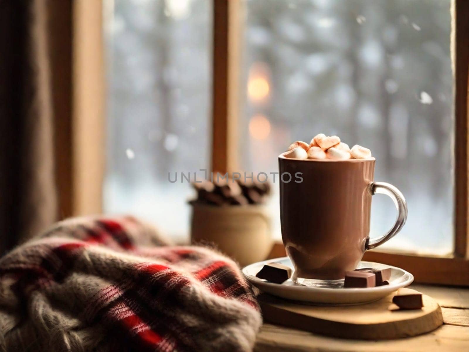 Hot chocolate marshmallows with cakes, a warm blanket and a candle on the windowsill by the window on a cozy winter evening