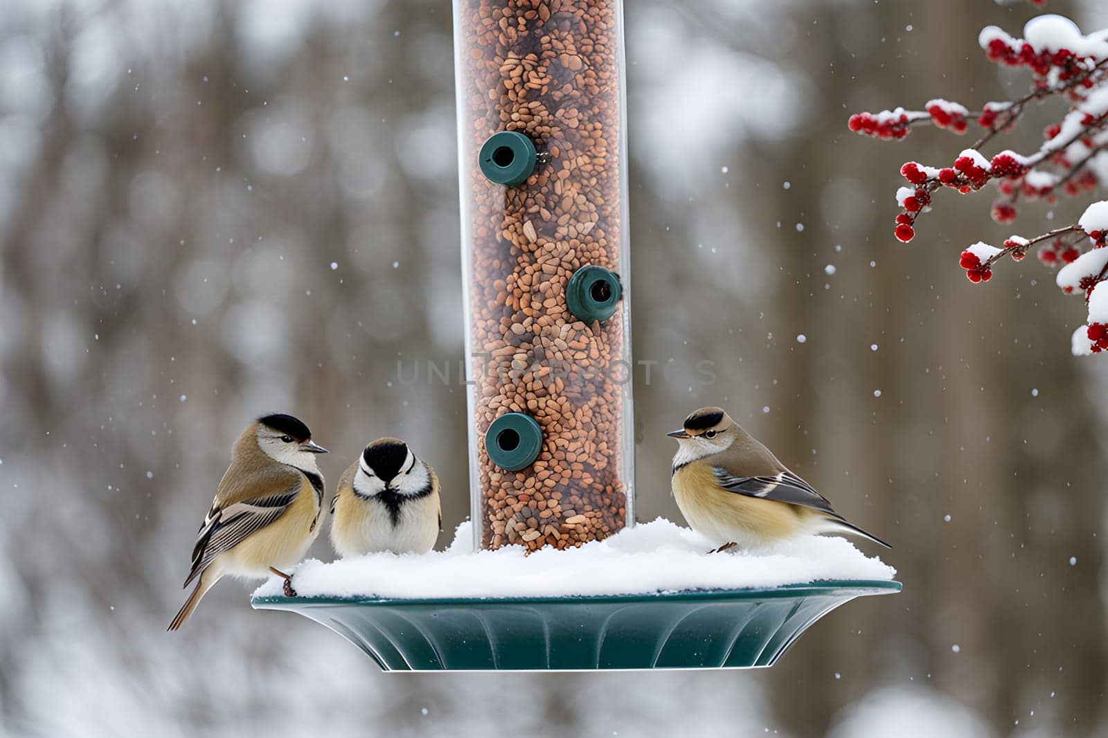 beautiful small garden birds great tit - Parus major feeding in a bird feeder in winter. Snowy winter day in the garden by Ekaterina34