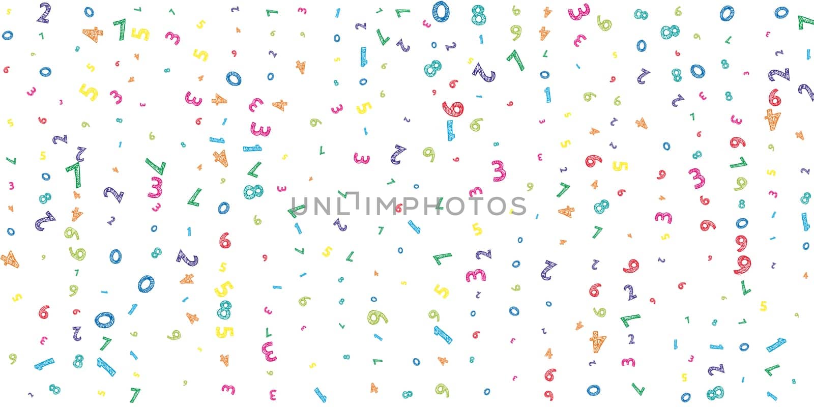 Falling colorful messy numbers. Math study concept with flying digits. Breathtaking back to school mathematics banner on white background. Falling numbers illustration.