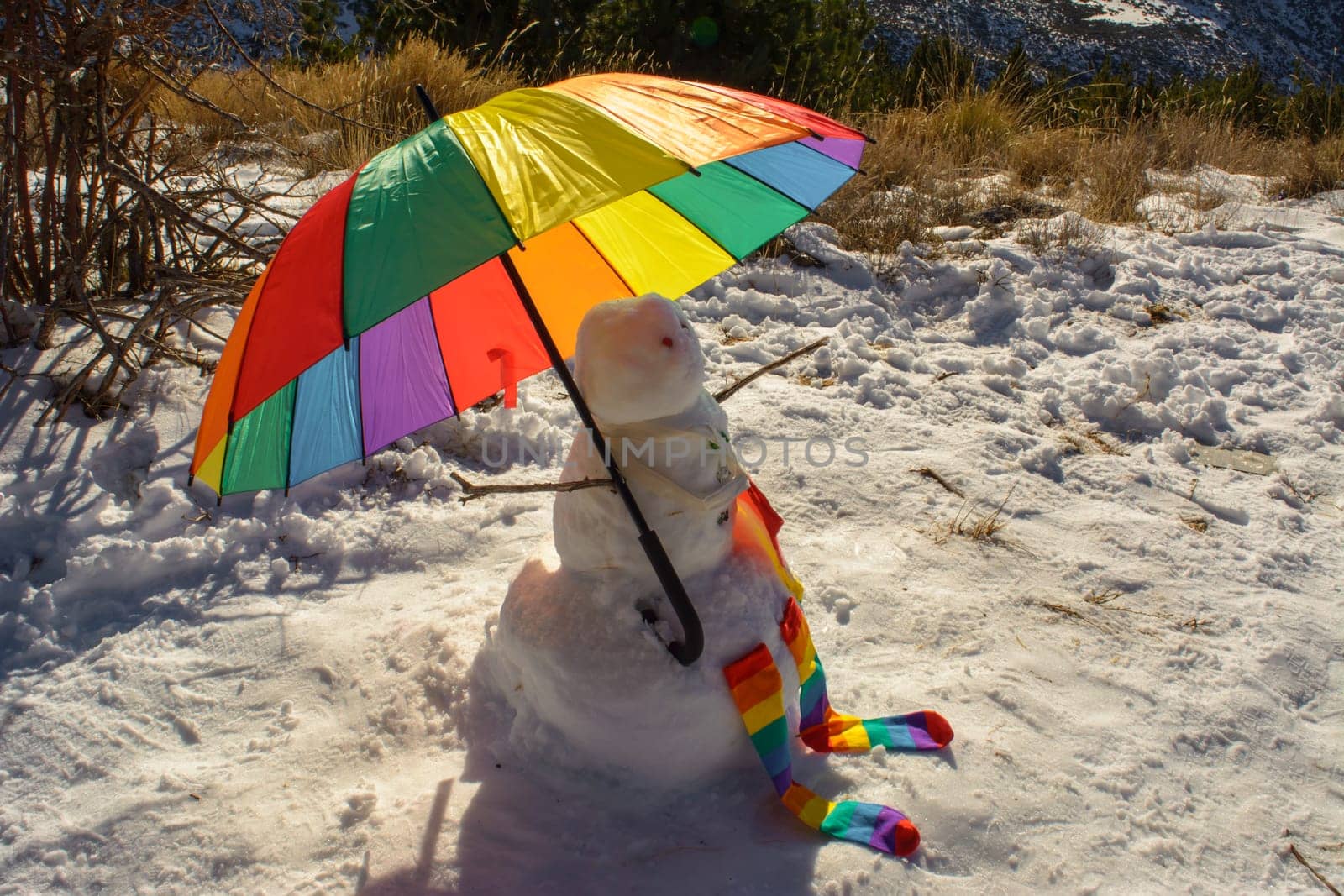 snowman with umbrella in lgtb pride colors, by carlosviv