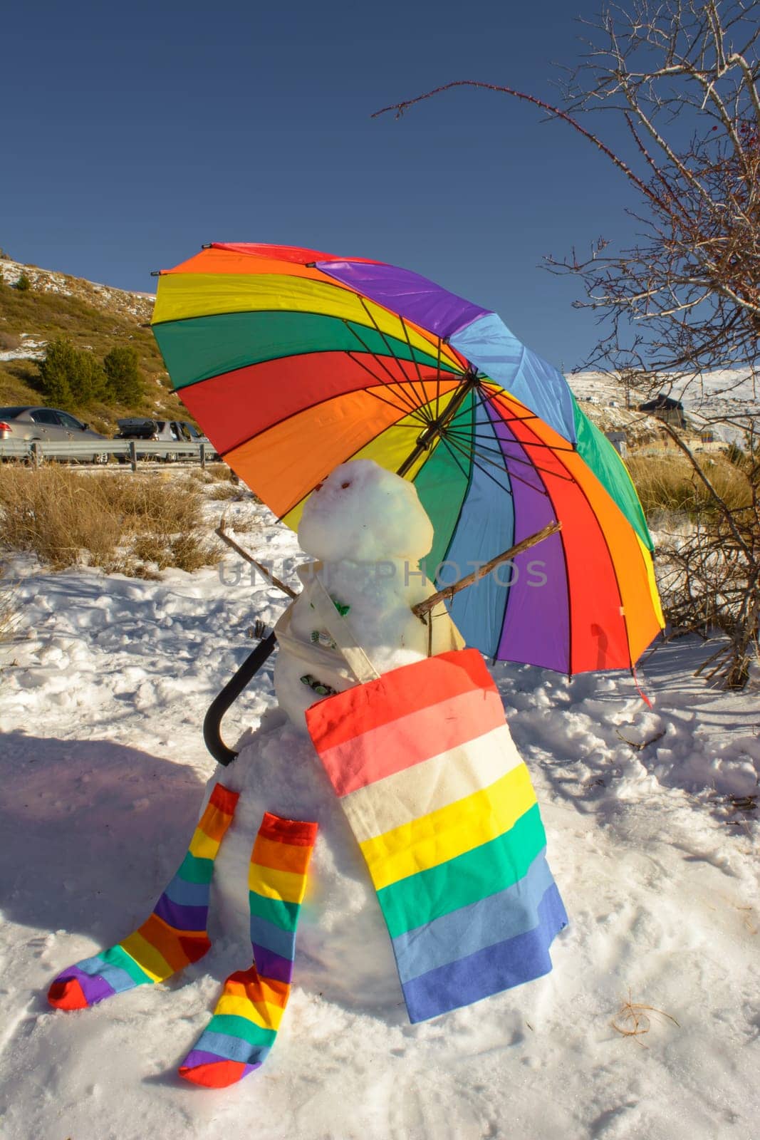 profile view, of snowman with colorful accessories of the lgtb pride, in sierra nevada,granada,andalucia,spain.lgtb community,