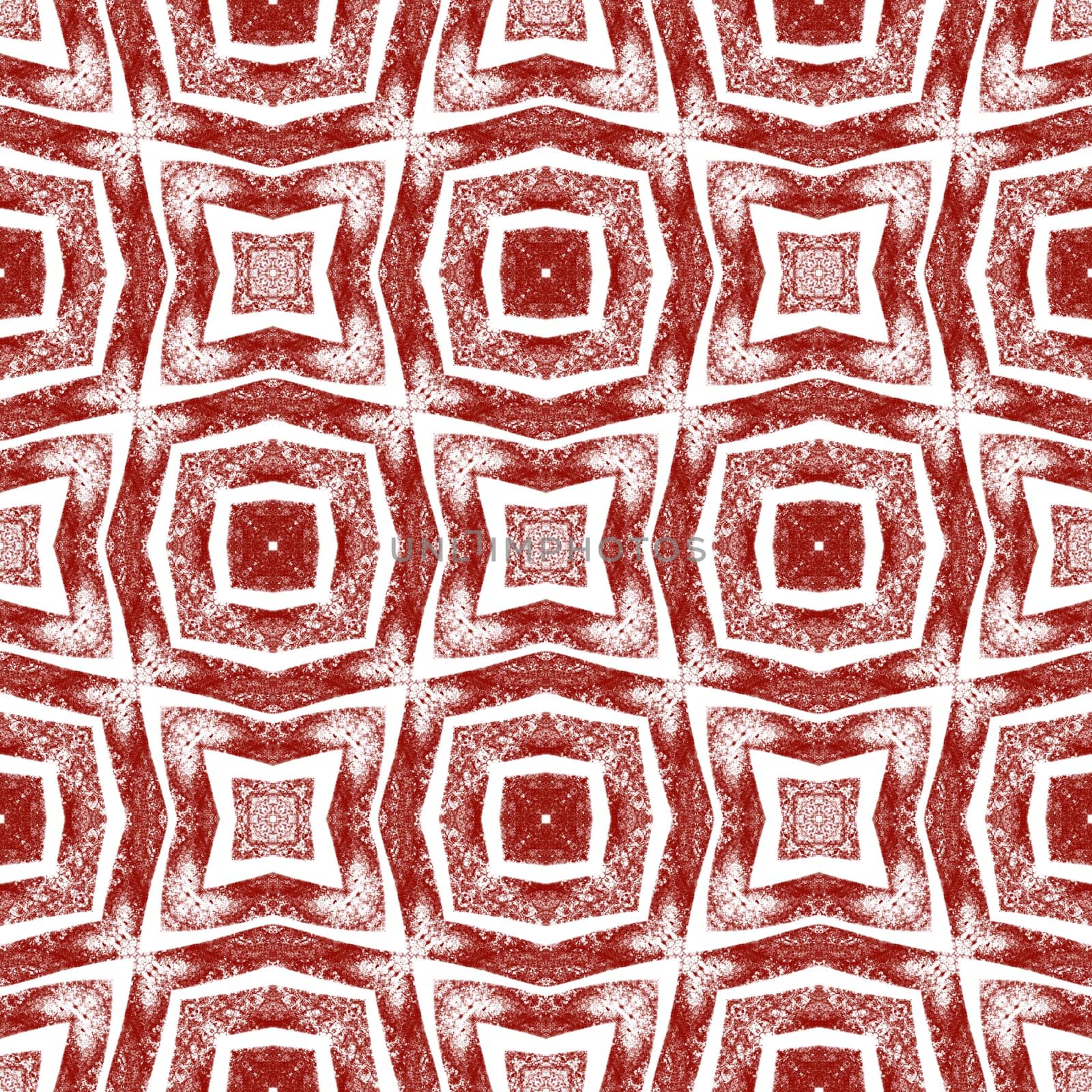Tiled watercolor pattern. Wine red symmetrical kaleidoscope background. Textile ready fabulous print, swimwear fabric, wallpaper, wrapping. Hand painted tiled watercolor seamless.