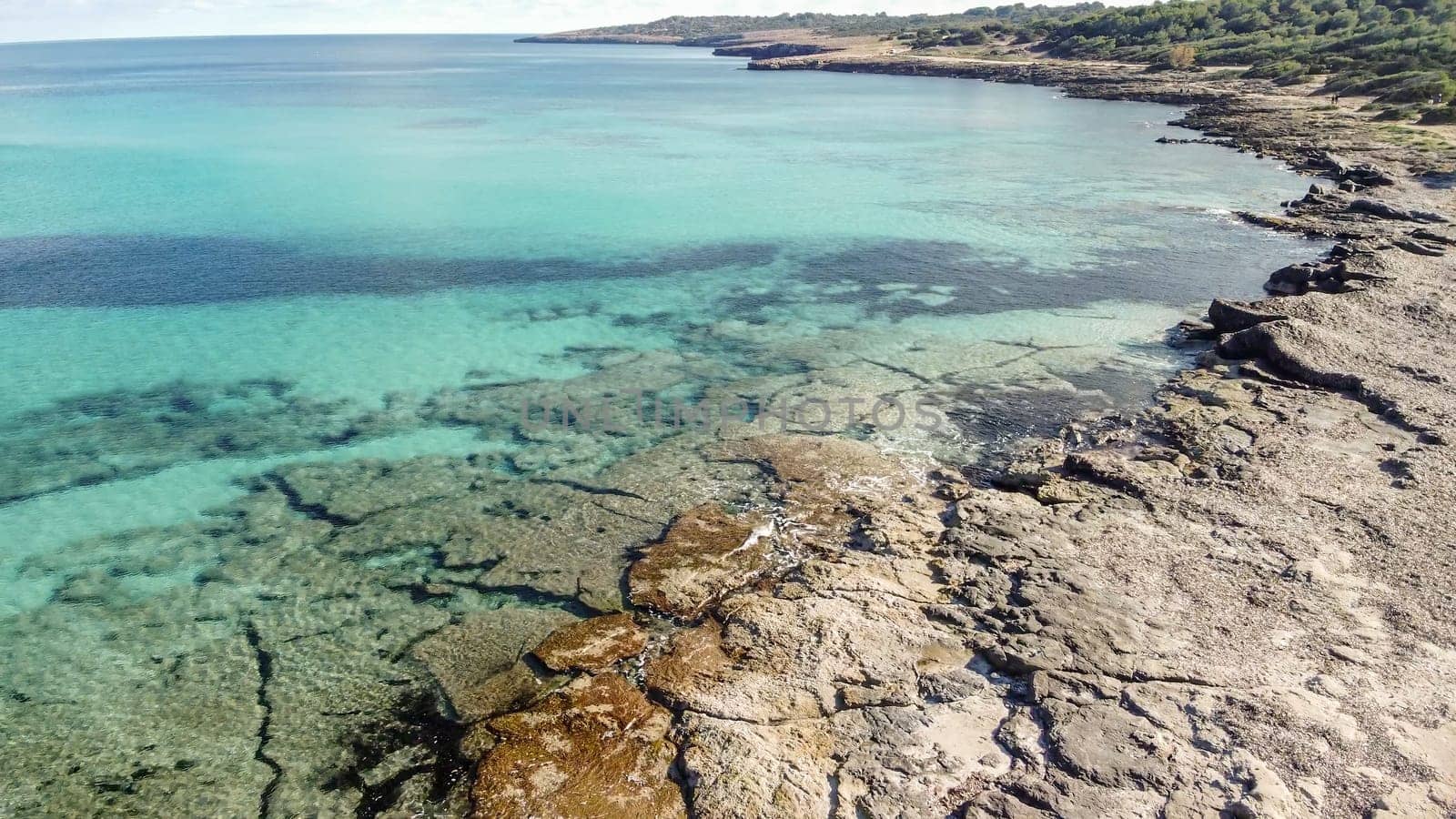 aerial view from drone of a natural paradise beach in the mediterranean, with crystal clear water and white sand. calamillor, Mallorca, Balearic Islands