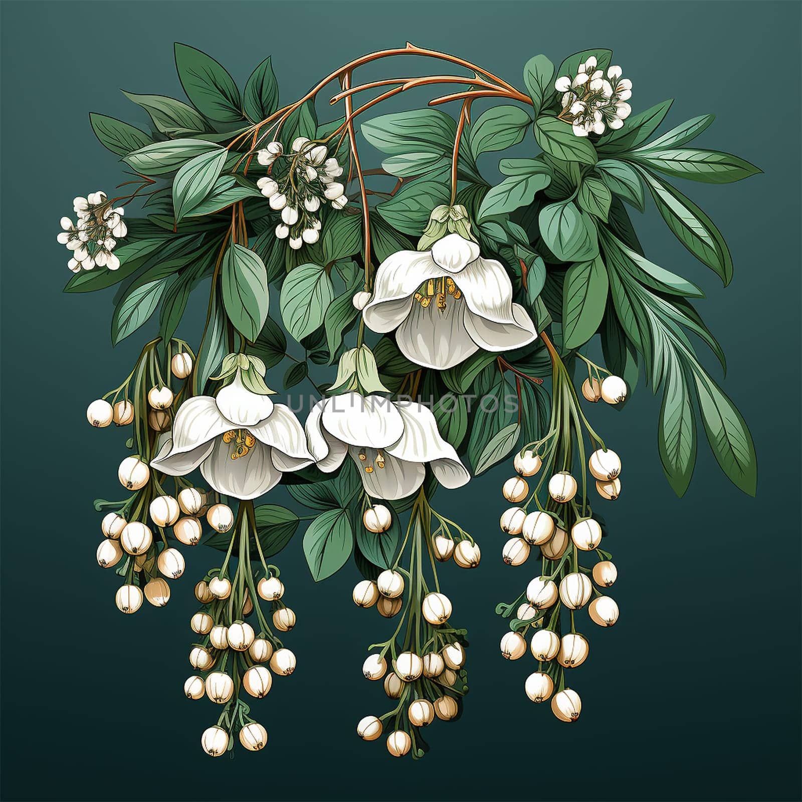 Spring flowers. Snowdrops illustration. Snowdrops blooming through the snow. Simple flat illustration on green isolated background. Branch