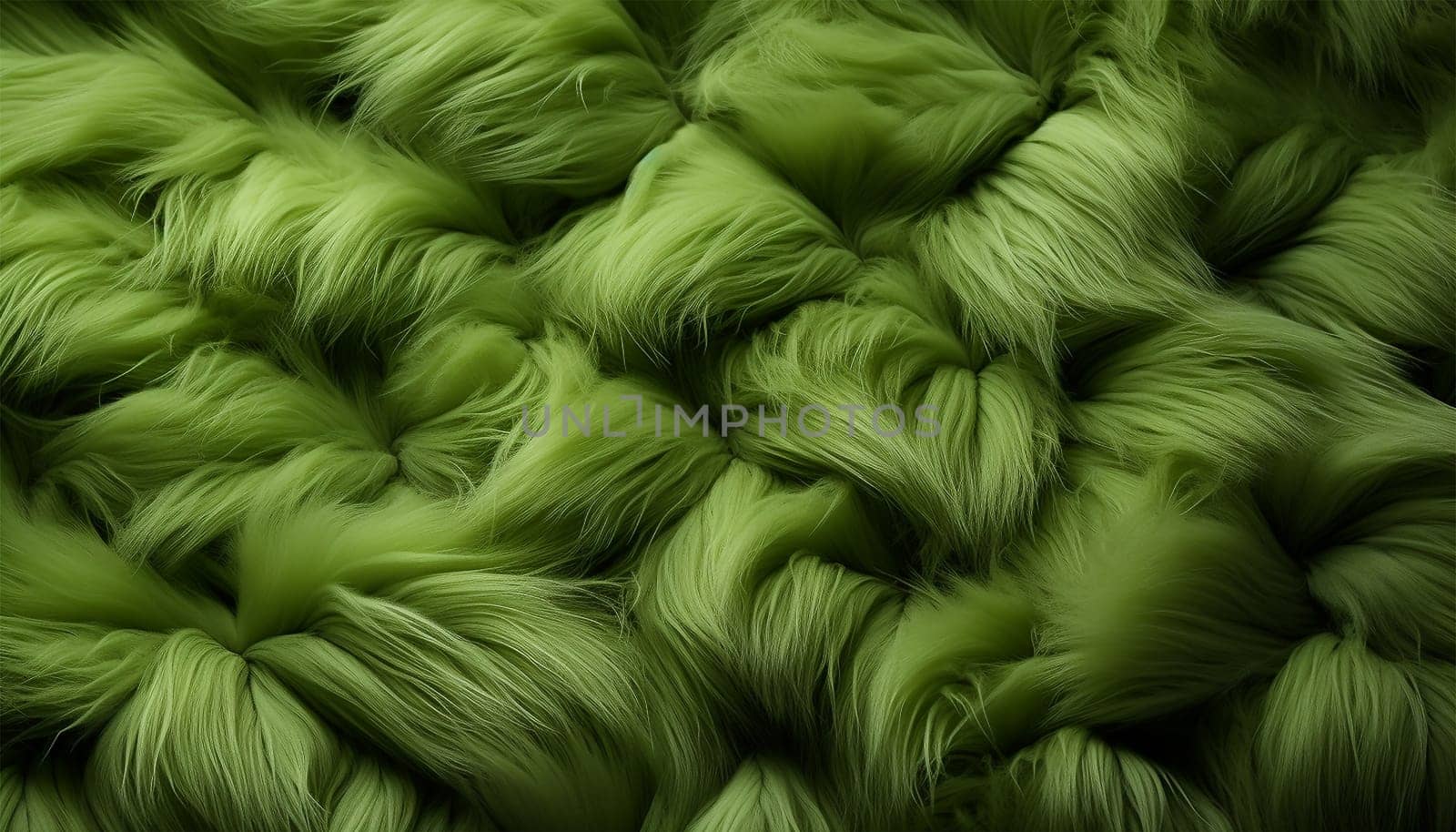 A close-up of an green fake fur background texture. Abstract fabric wool colorful nature grass green fluffy by Annebel146