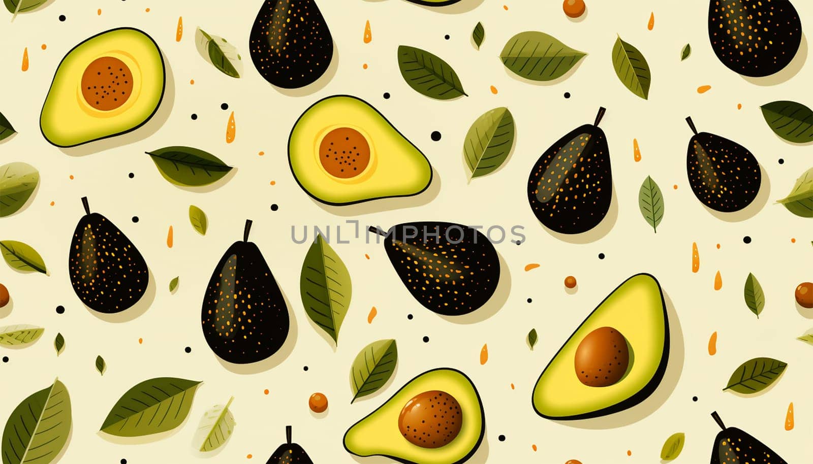 Ripe, juicy avacado in a cut with leaves, geometric seamless pattern on a white background, Pattern for printing on fabrics, festive and confectionery packaging, wallpaper, wrapping and scrap. Healthy