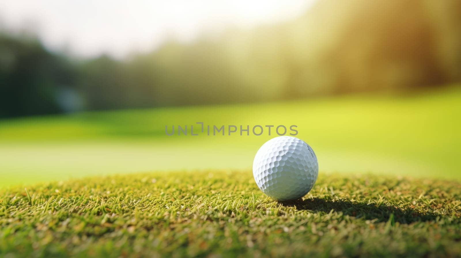 Green grass with golf ball close-up in soft focus at sunlight. Sport playground for golf club concept AI