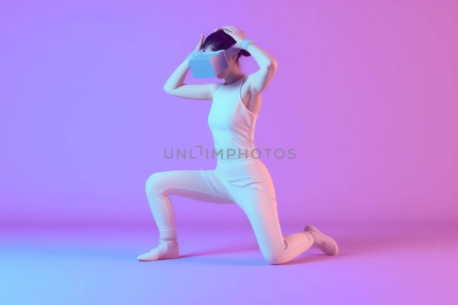 woman character connect vr neon colorful cyber digital glasses internet reality virtual science headset happy cyberspace cyborg innovation game futuristic sport. Generative AI.