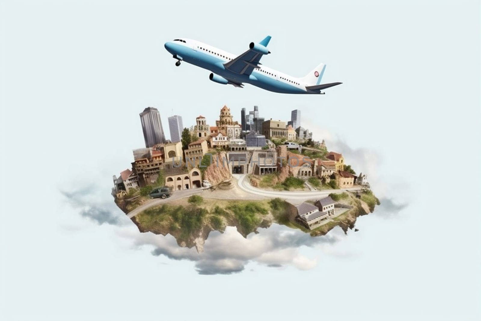 business journey city global landmark italy globe plane illustration travel eiffel concept tower london vignetting creative voyage worldwide earth europa map. Generative AI.