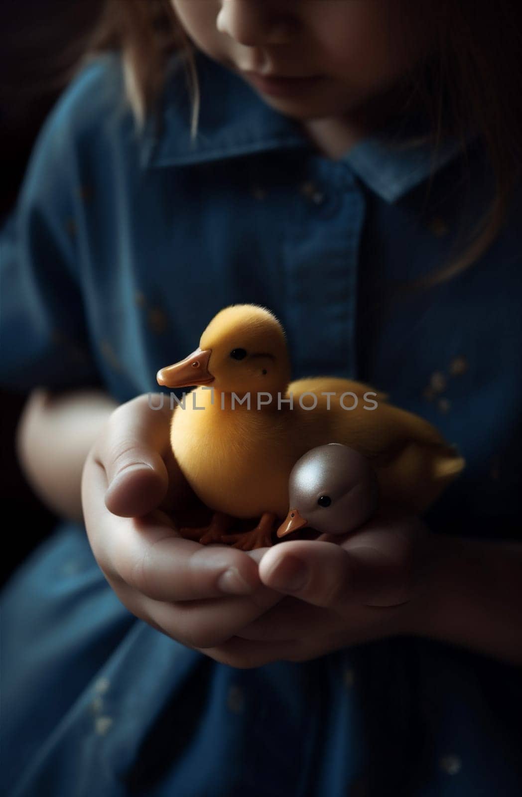 background easter young duckling girl soft pet close-up beak happy chick fluffy hand little cute bird farm yellow duck child. Generative AI.