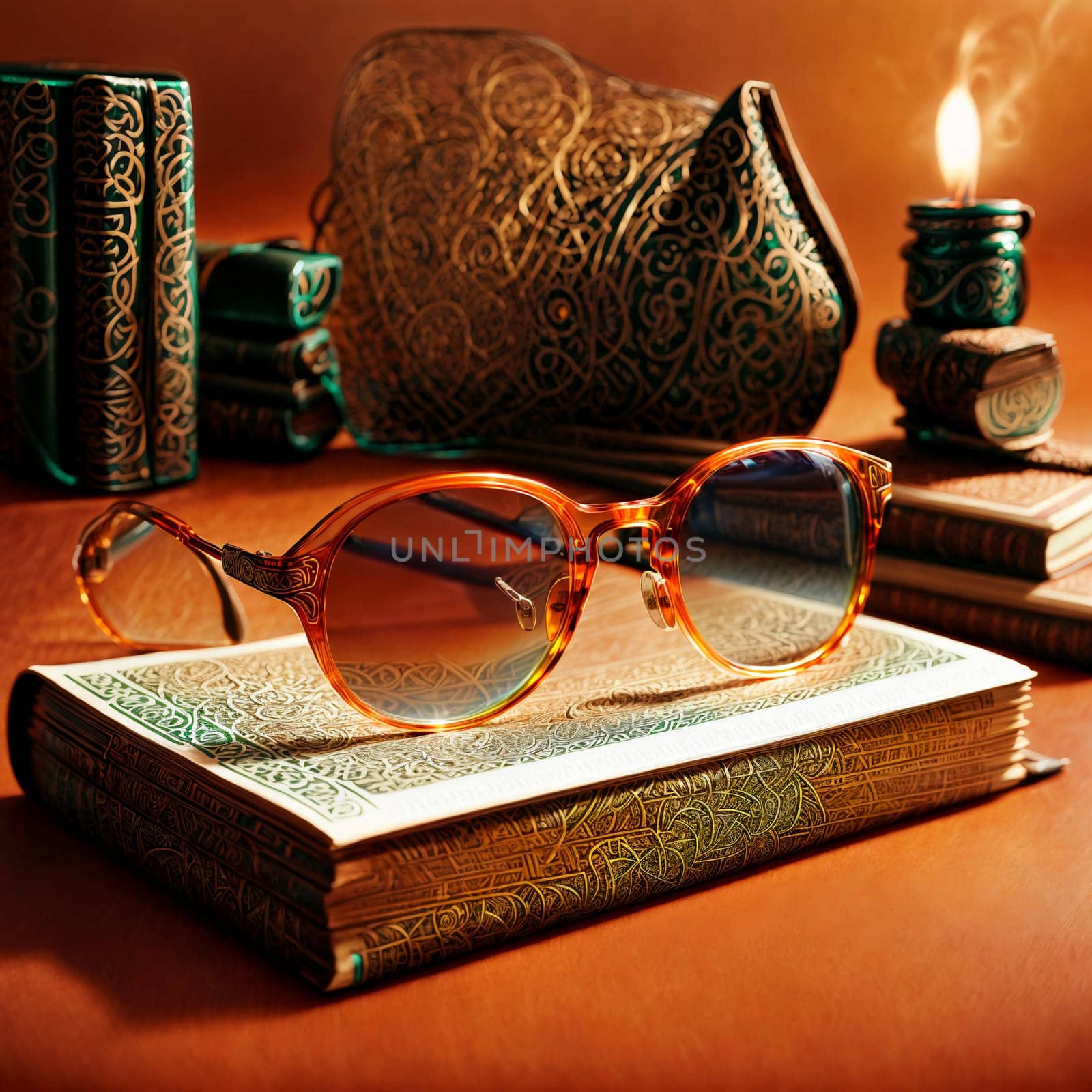 round glasses lying on top of a book on a red abstract background