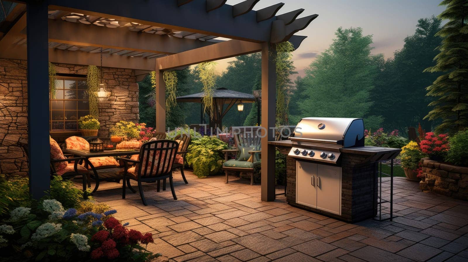 BBQ Backyard with table and chairs, grill. Backyard picnic area AI