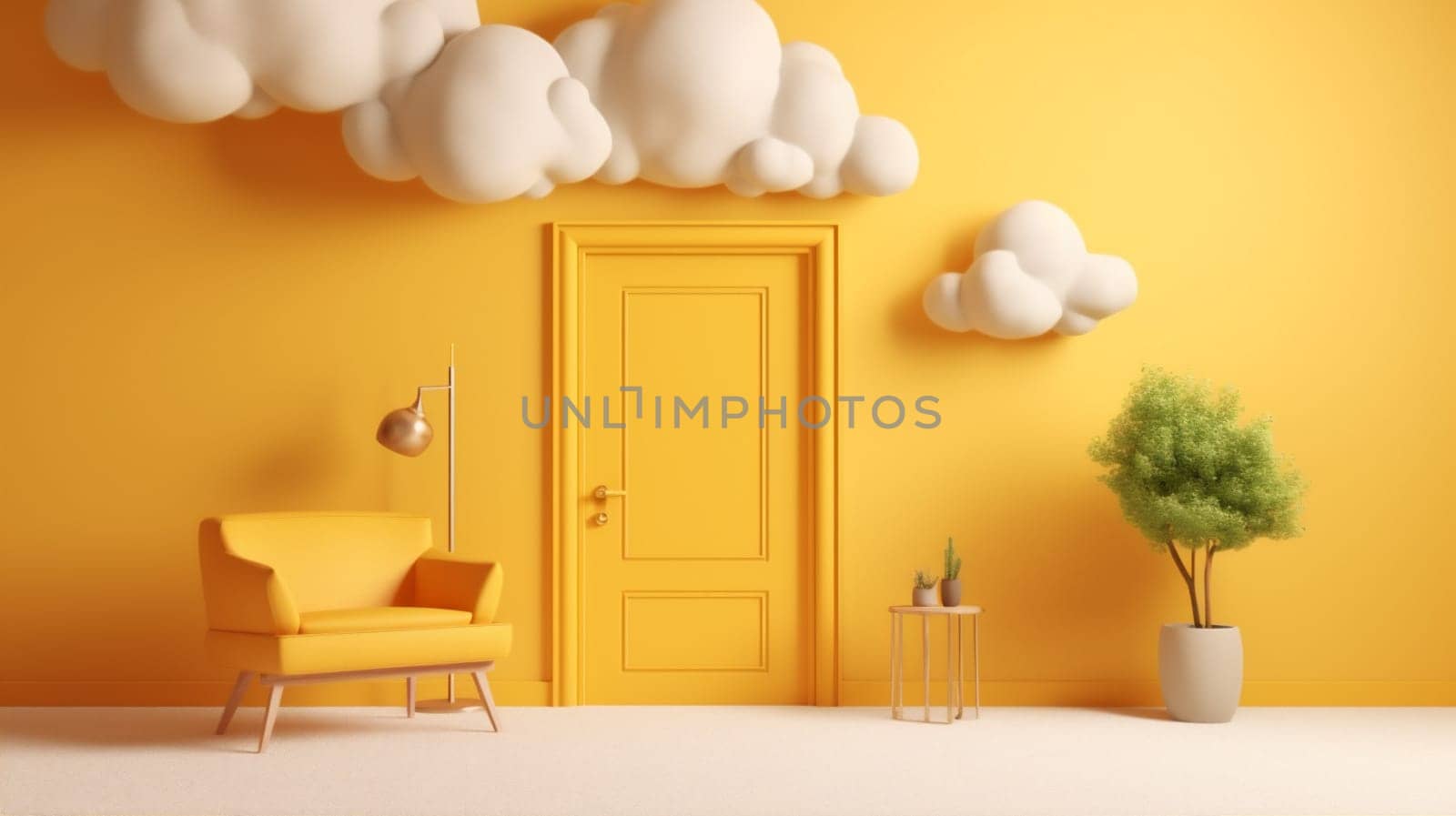 pedestal minimal showcase door cylinder cloud room yellow abstract stage. Generative AI. by Vichizh