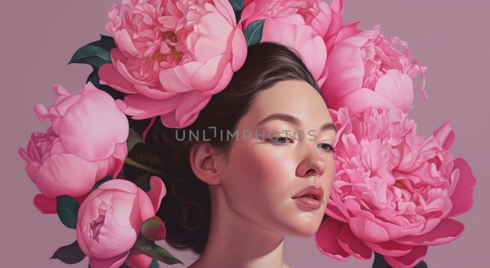 woman glamour flower beautiful fashion drawing floral peony trendy rose lip illustration design beauty background blossom art nature lady make-up face. Generative AI.