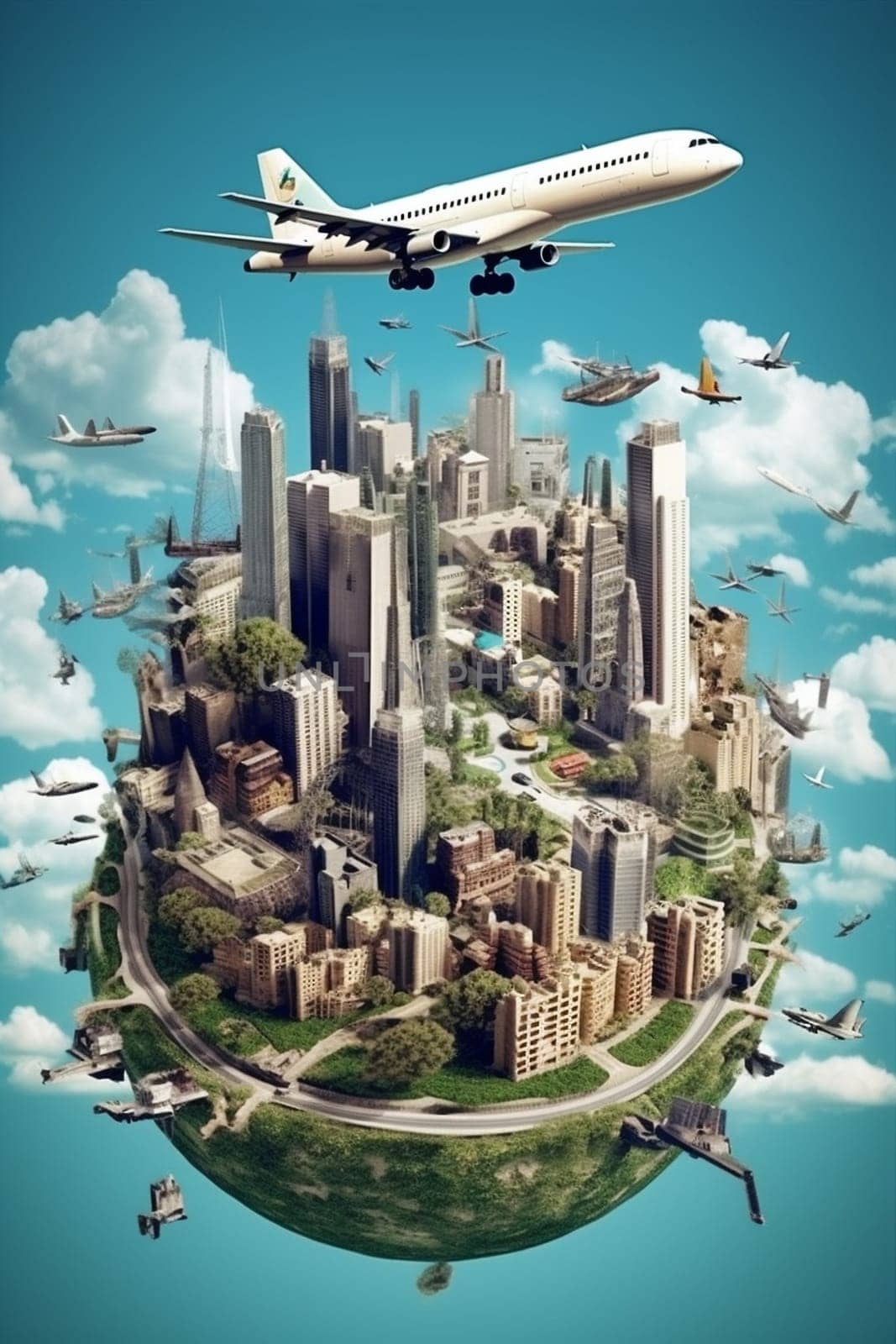 earth map travel illustration europa city globe global concept plane. Generative AI. by Vichizh