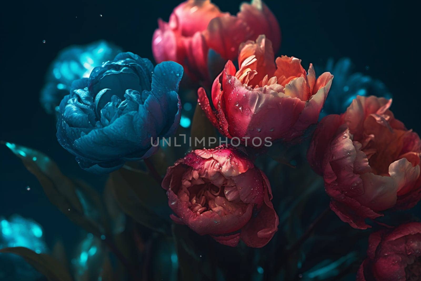 flower night vibrant bright abstract leaf texture design colours garden blossom neon peony flora bloom nature horizontal vintage ai wallpaper. Generative AI.