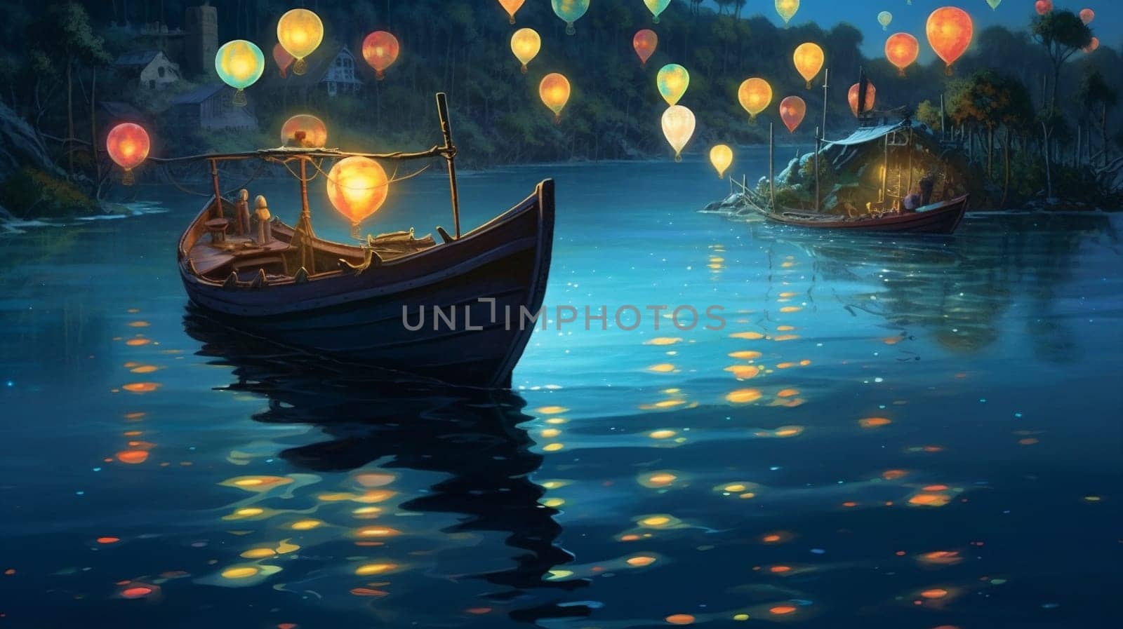 light night celebration float lamp river water festival tradition boat travel red colorful ceremony lantern flames city asia background dark. Generative AI.