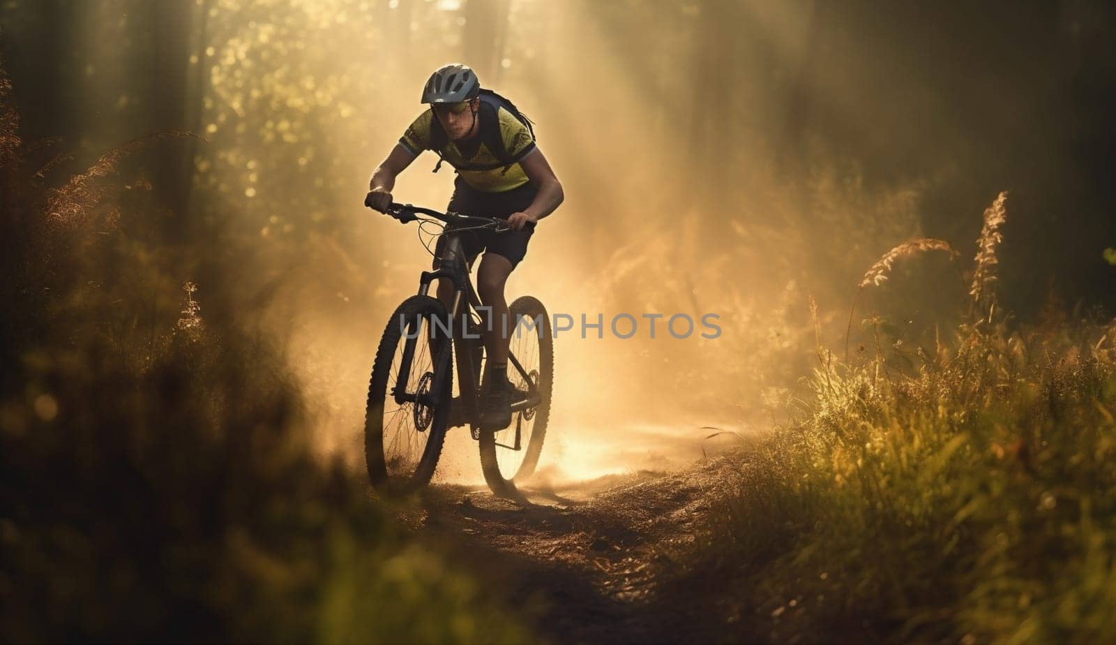 tree woman cycling trail forest adventure sunset person bicyclist bicycle night wood road recreation walking travel dark park sport bike summer. Generative AI.