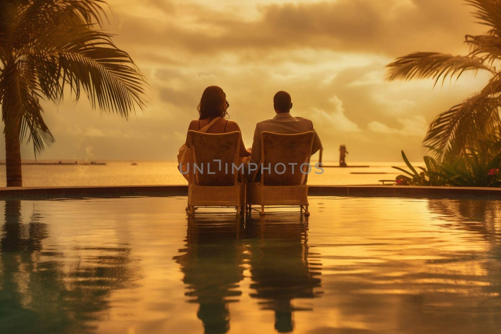 swimming pool back romantic relax sunset couple honeymoon vacation travel. Generative AI. by Vichizh