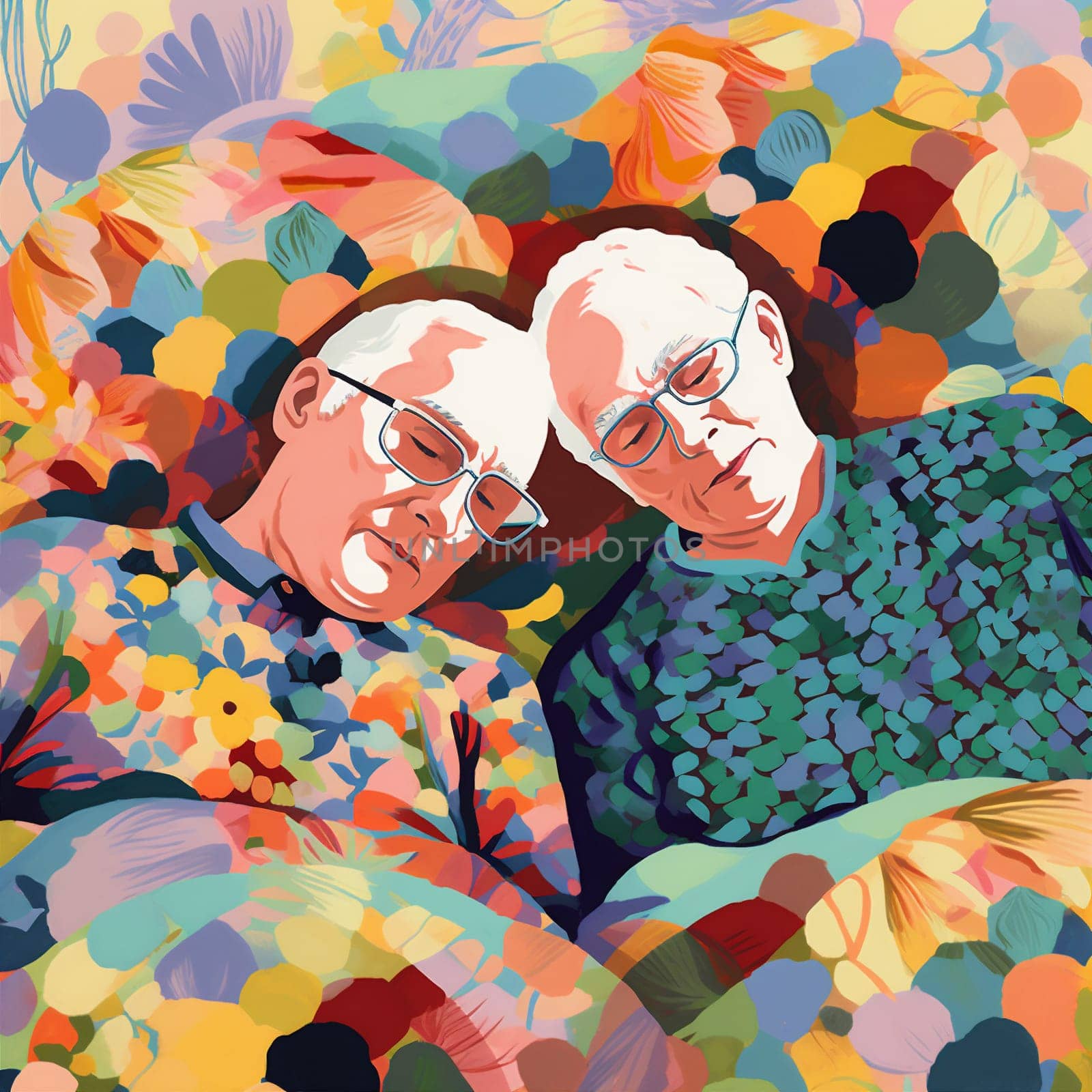 woman man bed pillow retired happy together old asleep grandparent love couple. Generative AI. by Vichizh