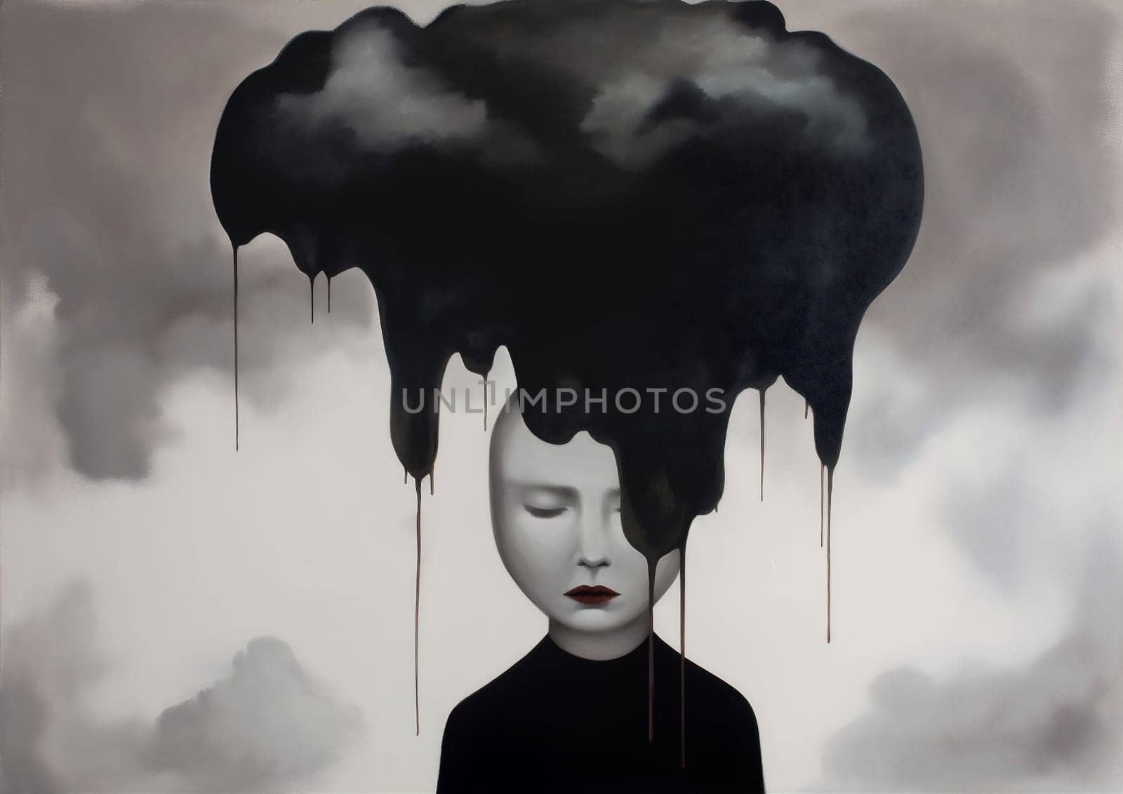 woman man young poster dream concept dramatic cloud mind black creative idea. Generative AI. by Vichizh