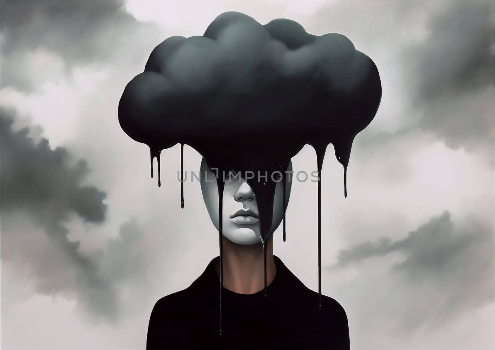 man woman surreal dramatic concept cloud idea poster dream black arms creative. Generative AI. by Vichizh