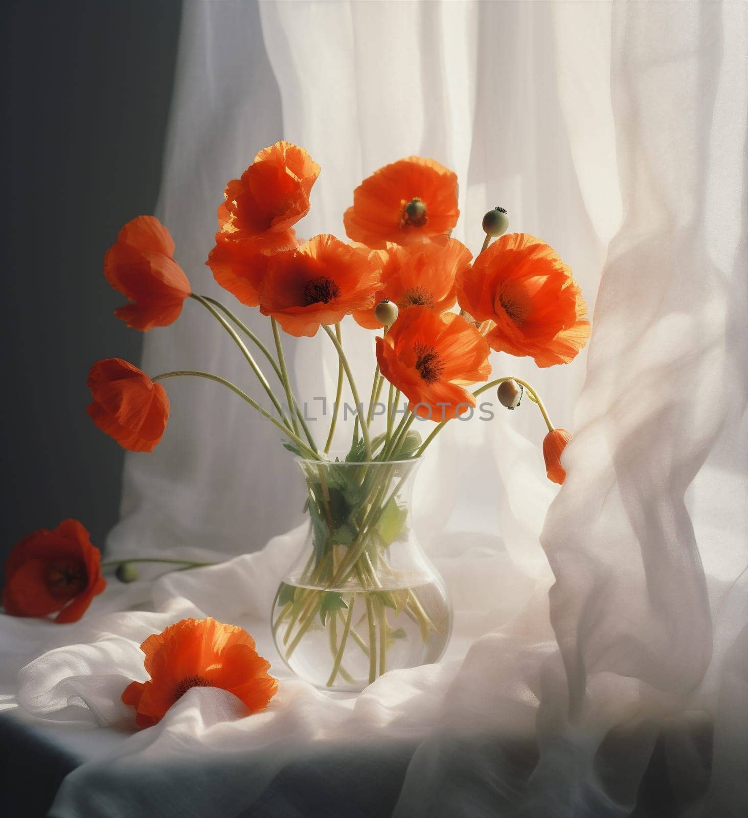 interior flower floral red beautiful bouquet sunshine poppy background vase decoration. Generative AI. by Vichizh