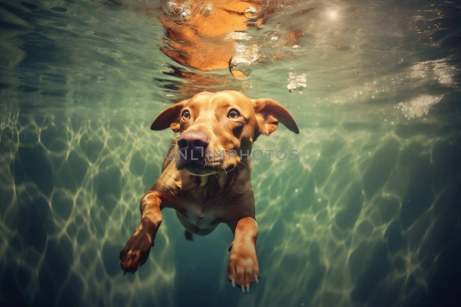 puppy dog holiday pet fun funny active canine happy pool underwater retriever vacation water sport golden play exercise snorkeling action swimming. Generative AI.