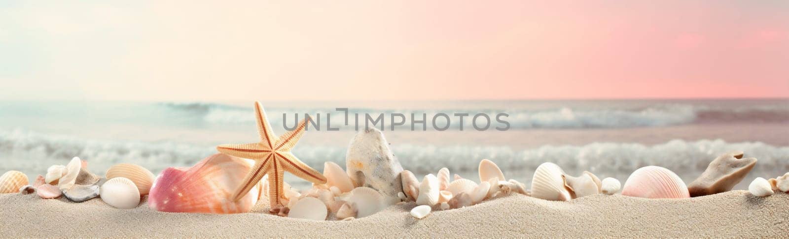 tropical nature summer banner sand sea beach shell holiday ocean. Generative AI. by Vichizh